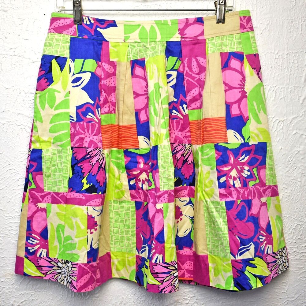 Lilly Pulitzer Skirt Women's 6 Floral Patchwork Pleated Lined Cotton Green Pink